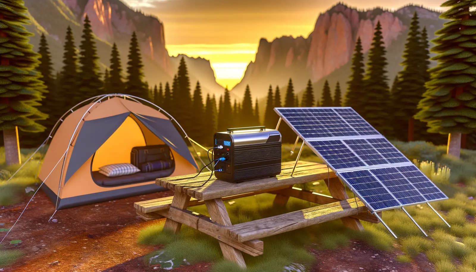 Portable solar panel set up at a campsite